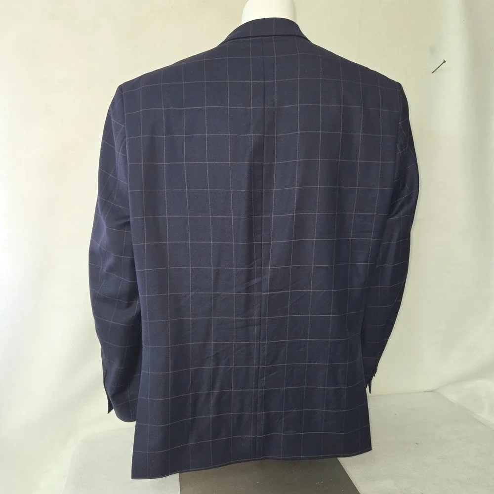 Paul Fredrick Blazer Mens 50R Navy Blue Windowpane‎ Wool Classic Fit Jacket